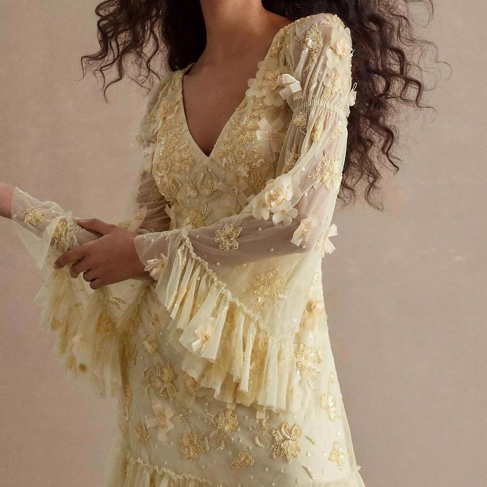 Mac Duggal Yellow Floral Embellished Dress